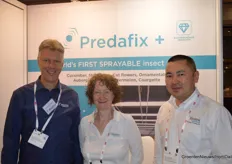 André van der Kloet, Caroline Reid and Kazbek Toleubayev of Bioline. Predafix+ is Bioline Agrosciences' latest innovation for improving crop protection in greenhouses. Successful pest control depends on an optimal number of predatory mites in the crop. This unique sprayable formula will improve the number of beneficial mites, their distribution and homogeneity in the crop.